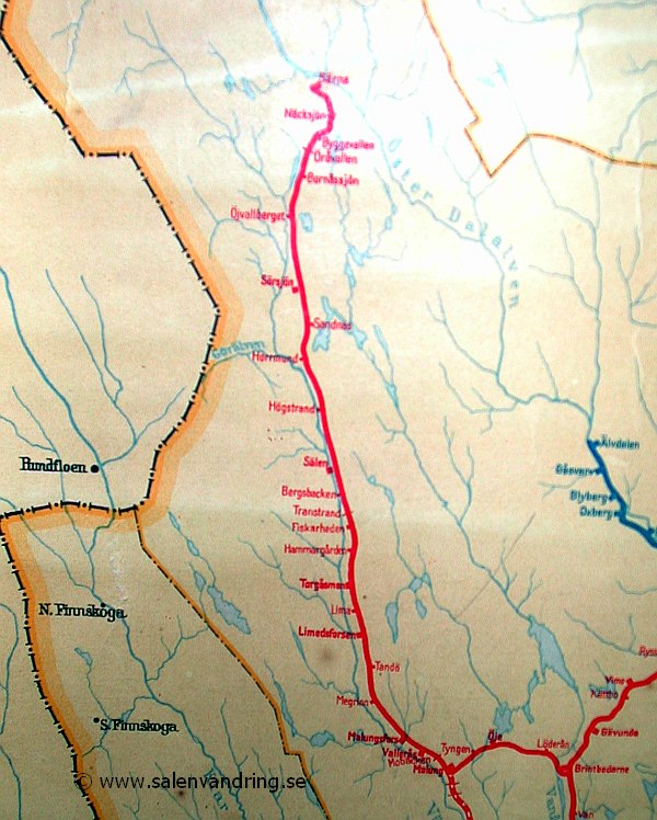 Särnabanan. En gammal karta från 1940-talet som visar hela linjesträckningen
